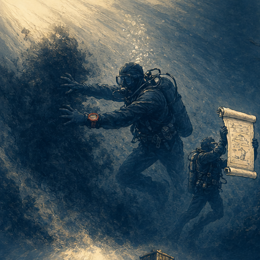 Acceptance criteria diver examining widget blueprint, underwater editorial illustration