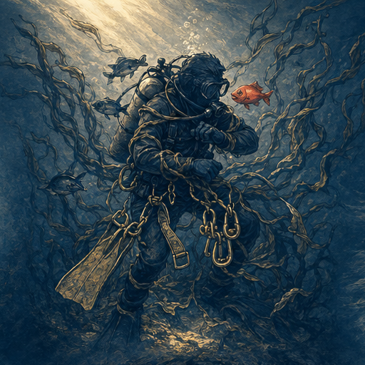 Exclusions list under a spotlight, underwater editorial illustration