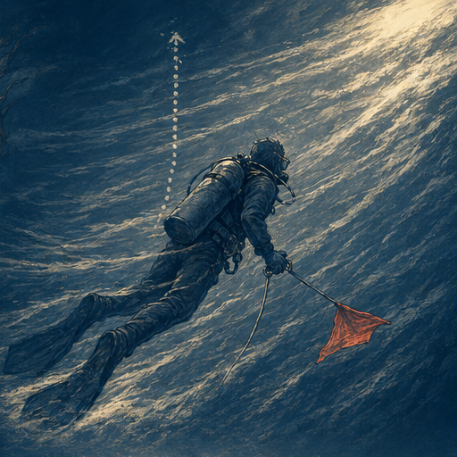 Change order form floating in current, underwater editorial illustration