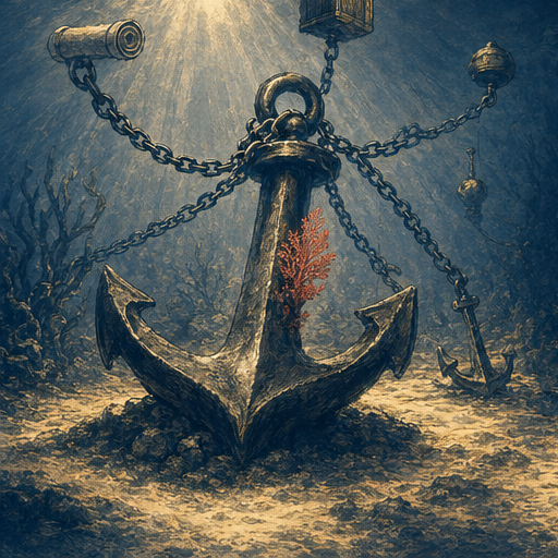 MSA stone foundation on the sea floor with SOW documents stacked above, underwater editorial illustration
