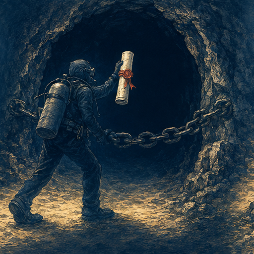 Signed scope of work document sealed before dive, underwater editorial illustration