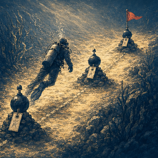 Milestone waypoint buoys along an underwater timeline, underwater editorial illustration
