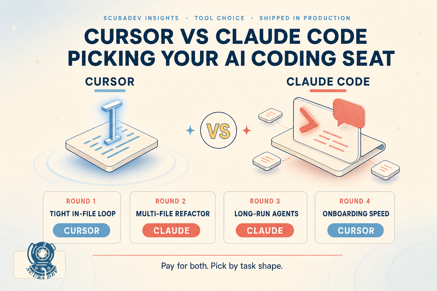 Cursor vs Claude Code, coral lightning bolt splitting two code editor windows, ScubaDev brand atmospheric hero