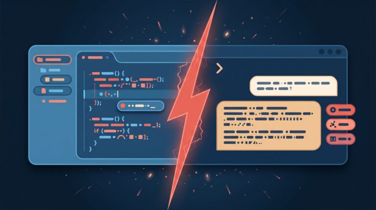 Cursor vs Claude Code, coral lightning bolt splitting two code editor windows, ScubaDev brand atmospheric hero
