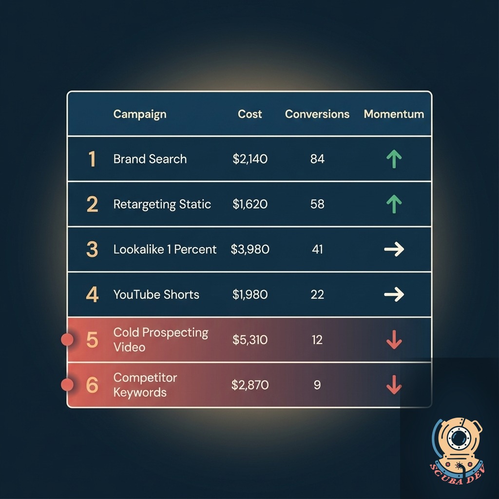 Ranked campaign list with cost, conversion, and momentum columns, each row showing a trend arrow and a coral alert for underperformers