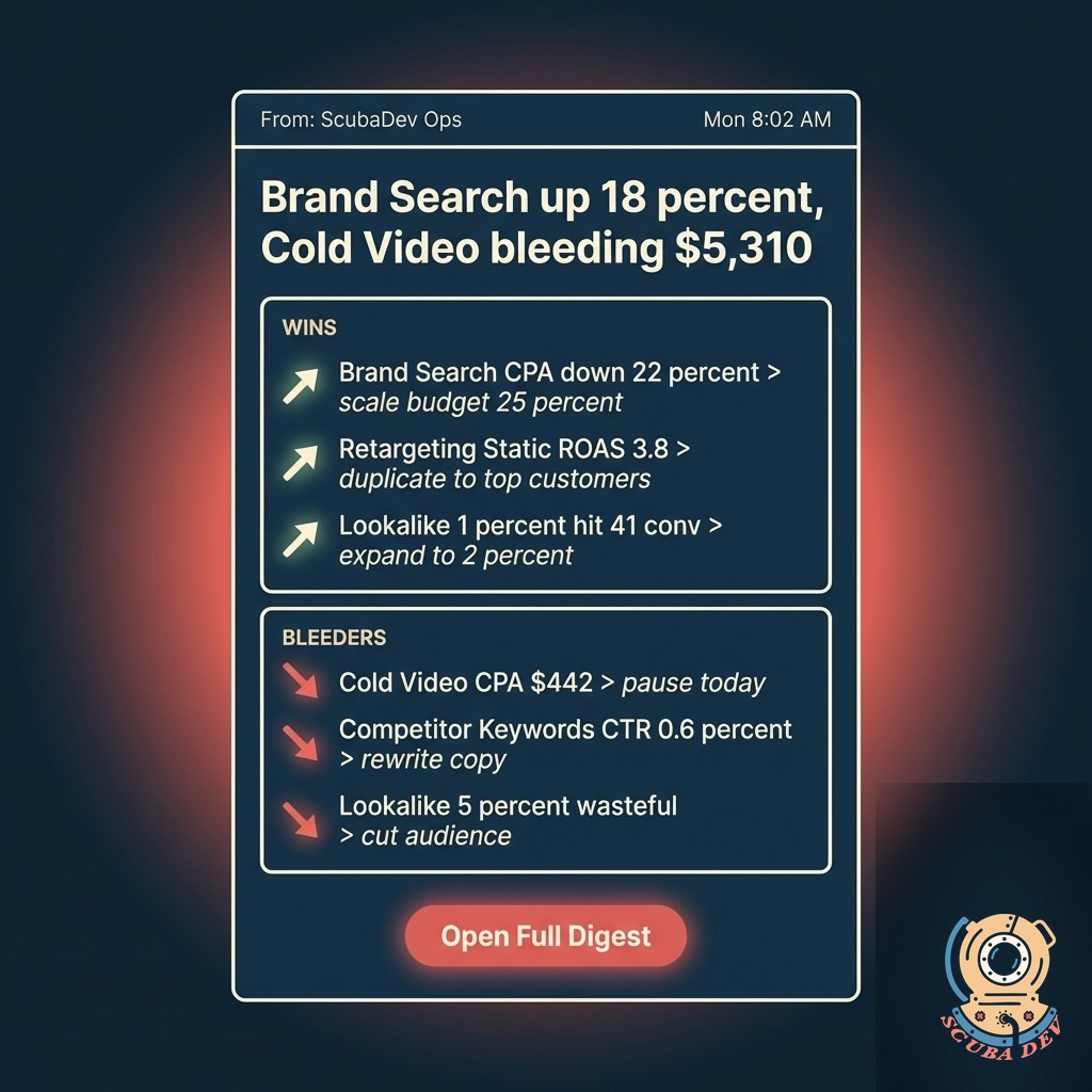 Email preview card with a data-driven subject line, three campaign wins, three underperformers, and suggested actions