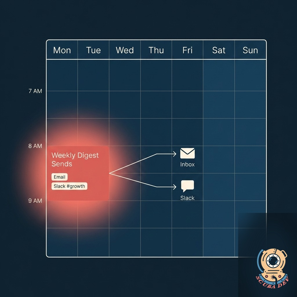 Calendar with a Monday 8 AM notification dot, a preview of the digest sent to team email and Slack