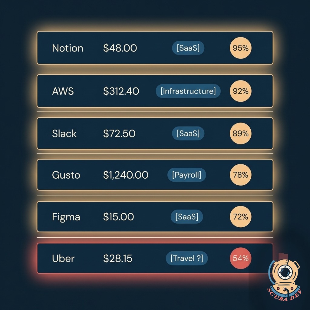 Feed of incoming card transactions with auto-assigned category labels, each row showing a confidence score and a coral review flag for low-confidence items