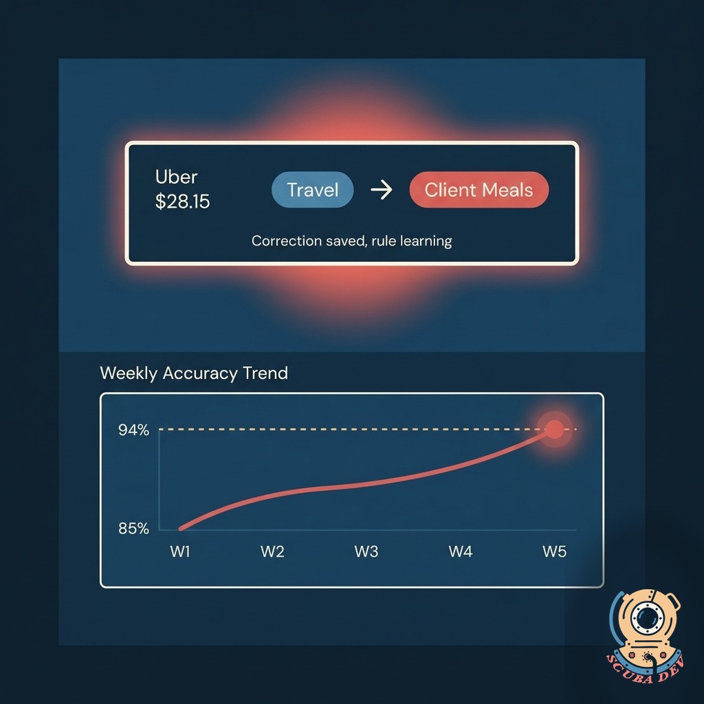 Review queue with a correction interface showing the original category, the corrected category, and a trend line tracking accuracy over the last eight weeks