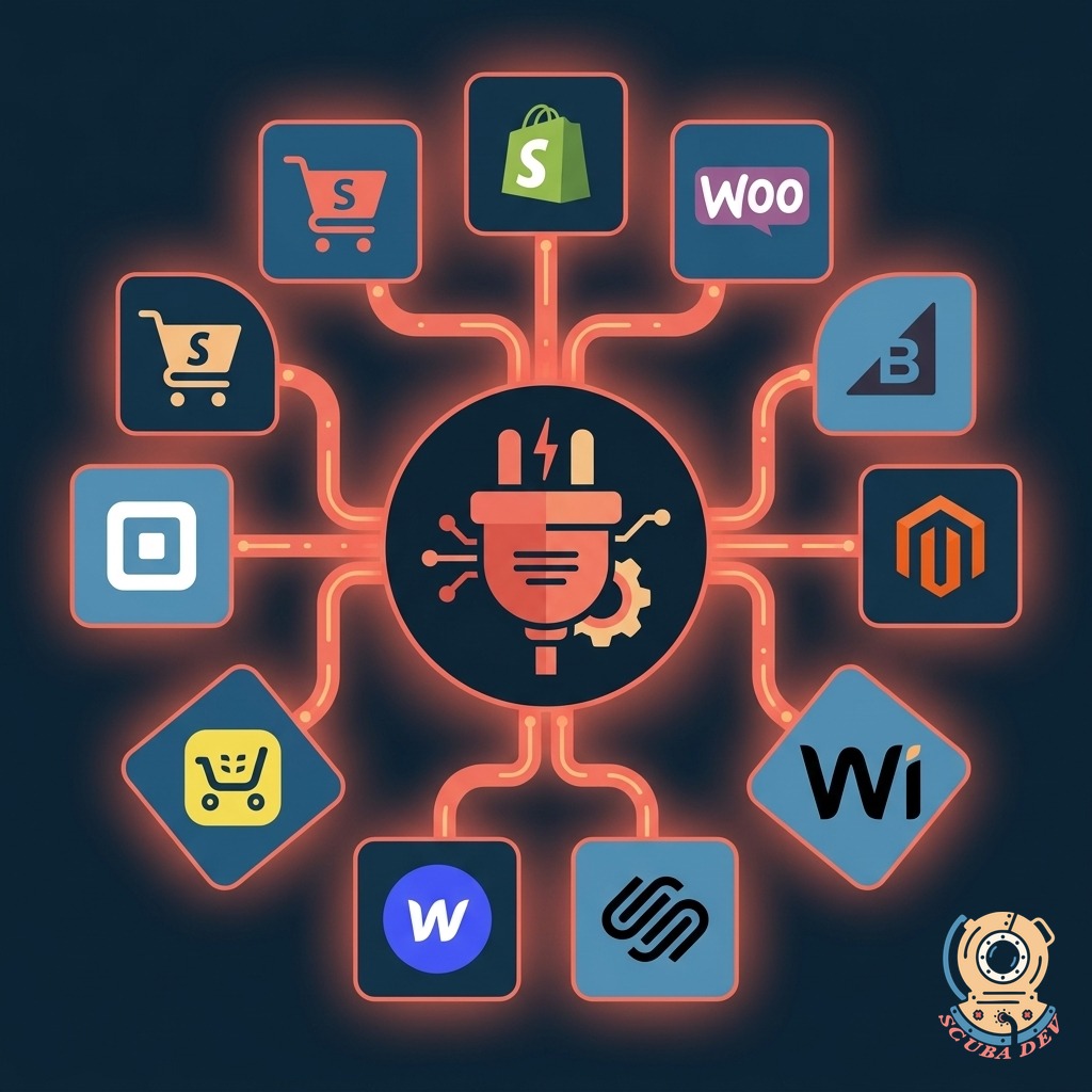 E-commerce platform integrations including Shopify, WooCommerce, BigCommerce, Magento, Wix, Squarespace, Webflow, Ecwid, Square, and Shopware orbiting a central coral plug icon