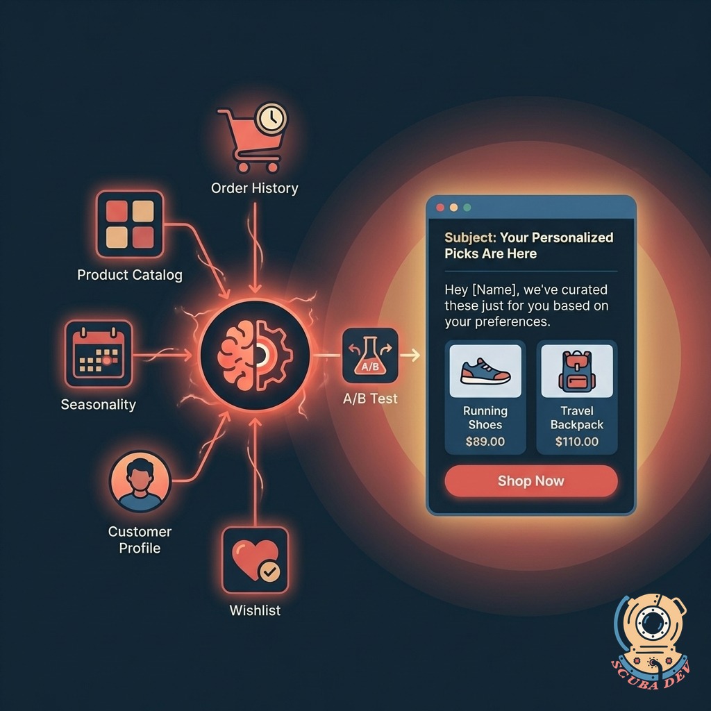 AI copy agent with data streams from order history, product catalog, seasonality calendar, customer profile, and wishlist feeding into a personalized recovery email draft with product blocks and a coral Shop Now button