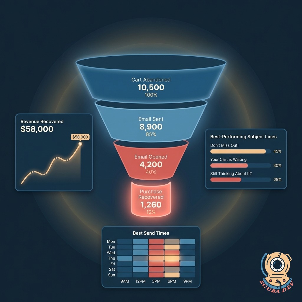 Recovery funnel dashboard showing a 4-stage funnel from cart abandoned to purchase recovered, with widgets for revenue recovered, best-performing subject lines, and best send times heatmap