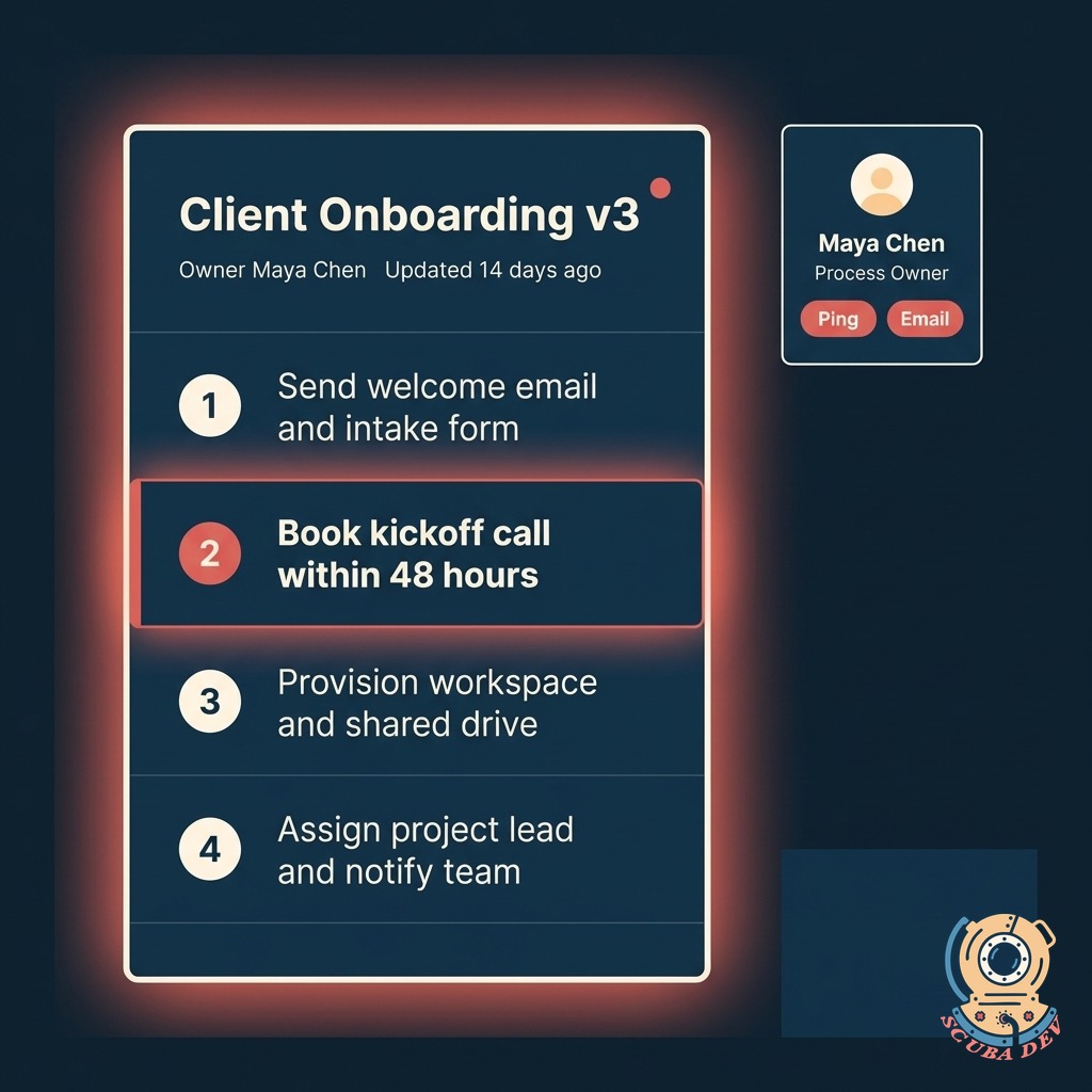 SOP document view with structured steps numbered one through four, the active step highlighted coral, and the owner card in the right margin with contact options