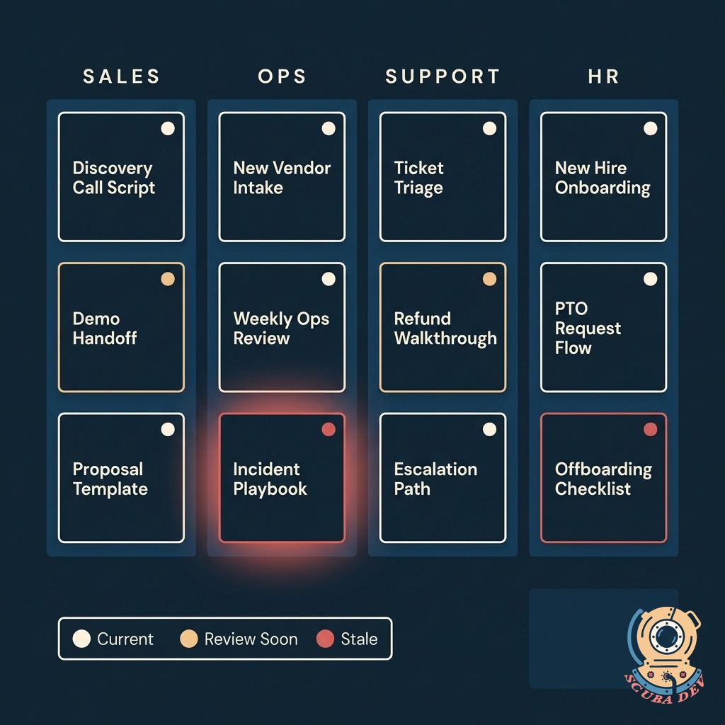 Library grid of SOP thumbnails organized by category including Sales, Ops, Support, and HR, each with a status dot indicating freshness
