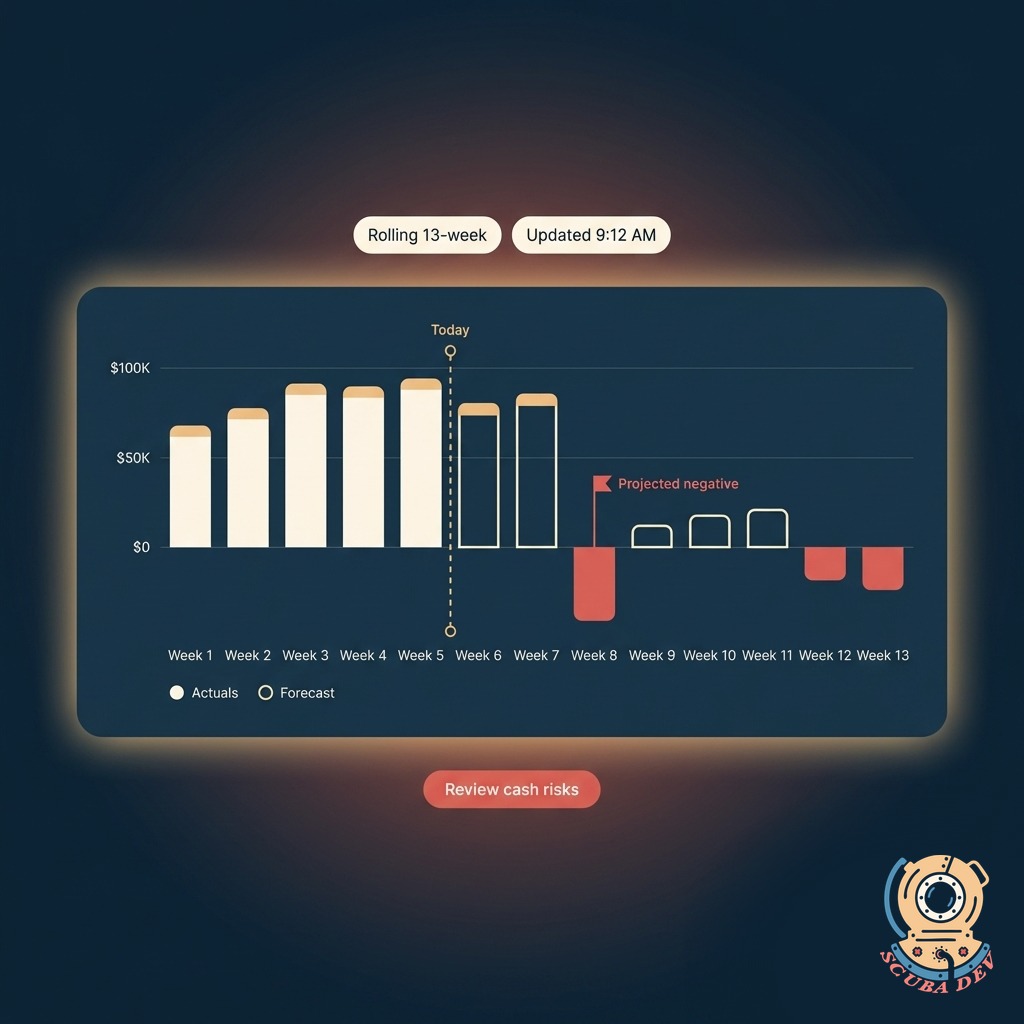 Horizontal 13-week bar chart with coral alert on a projected negative week, a today vertical line dividing actuals from forecast, and a legend showing actuals and forecast