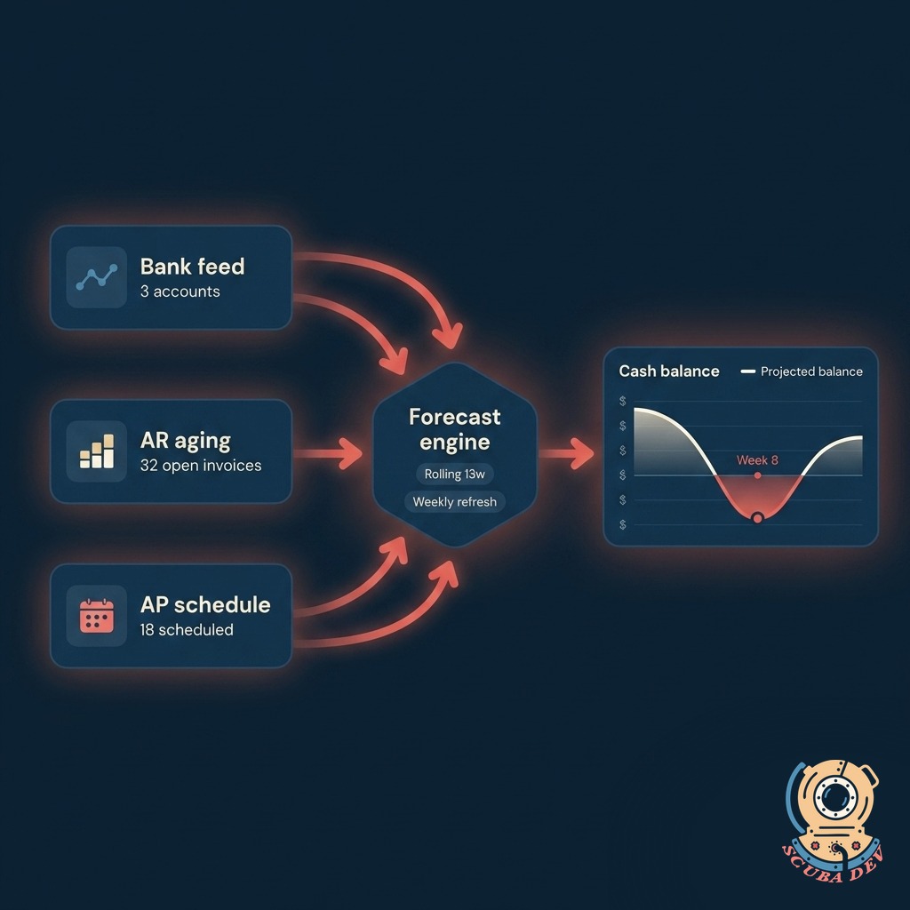 Three data feeds on the left labeled bank balance, AR ledger, and AP ledger flowing via coral arrows into a central forecast engine that outputs a synced balance line chart on the right