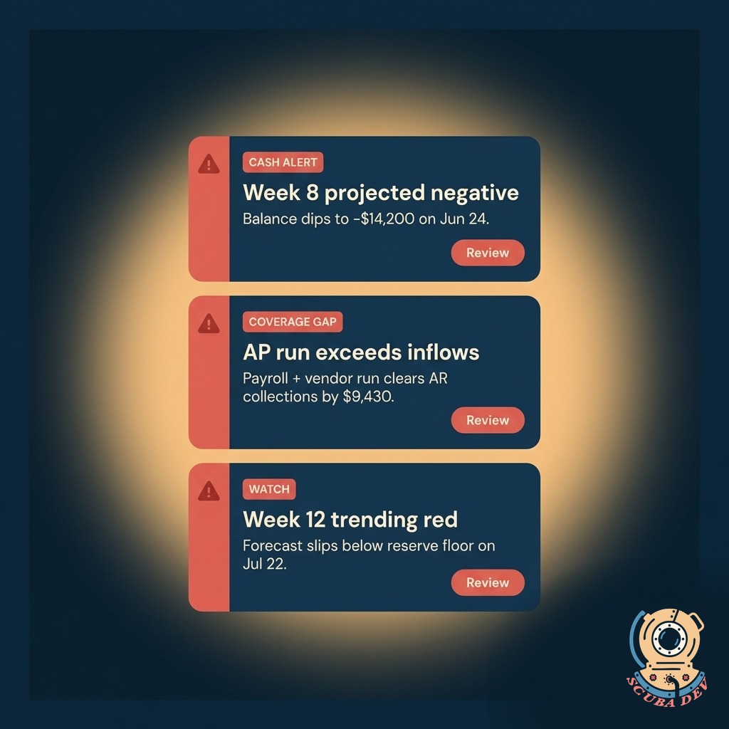 Stack of three coral-flagged alert cards showing projected negative weeks with specific dollar amounts and context, each with a Review button
