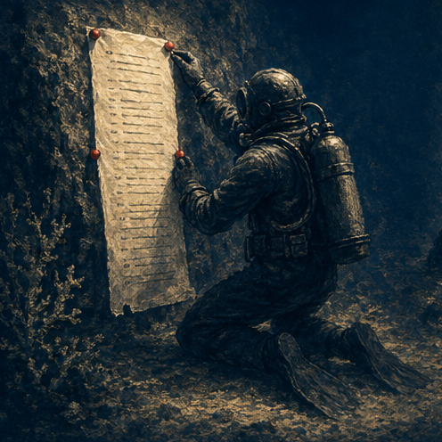 Diver pinning a list to a rock wall, underwater editorial illustration