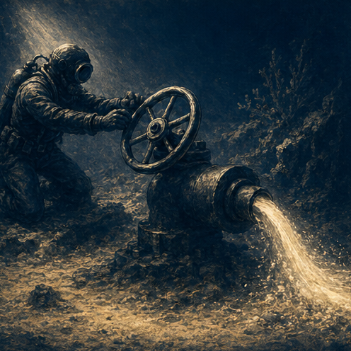 Diver turning an iron valve wheel on a flow pipe, underwater editorial illustration