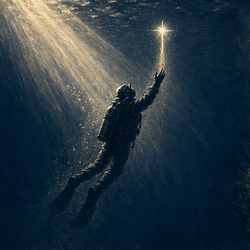 Diver reaching toward a bright guiding star, underwater editorial illustration