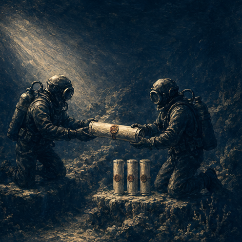 Two divers handing off a sealed scroll tube, underwater editorial illustration