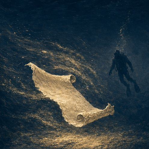 Unsigned parchment scroll drifting in the current, underwater editorial illustration