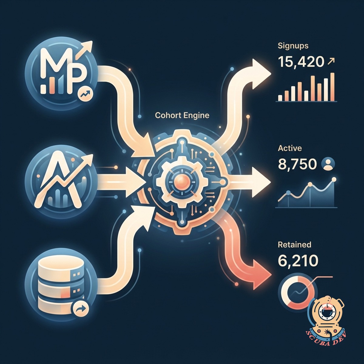 Data source icons feeding a central cohort engine with a labeled retention definition and a weekly refresh indicator