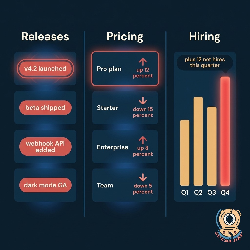 Three-column layout showing release tags, pricing delta arrows, and hiring count bars for each tracked competitor, with coral accents on the most recent changes