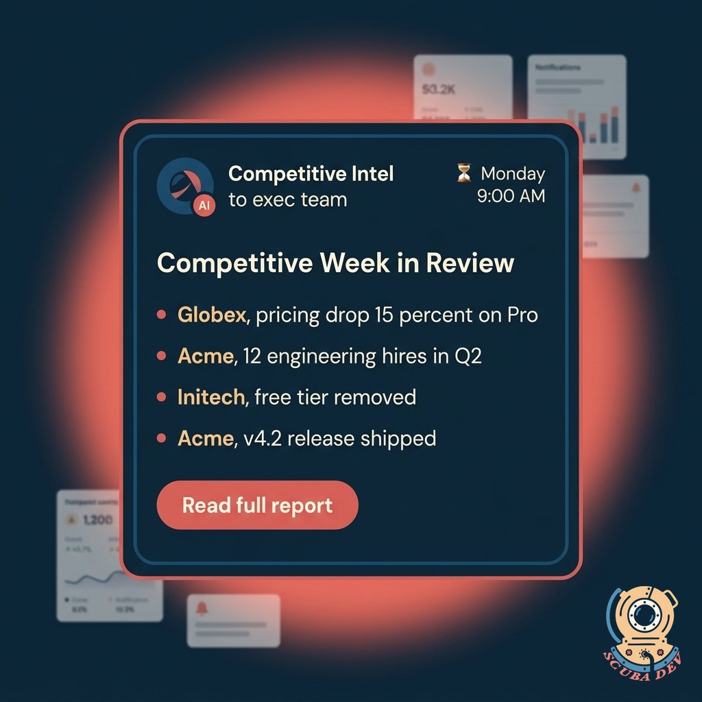 Email preview card titled Competitive Week in Review with four ranked summary bullets, a coral Read Full Report button, and a clock indicating a Monday 9 AM send