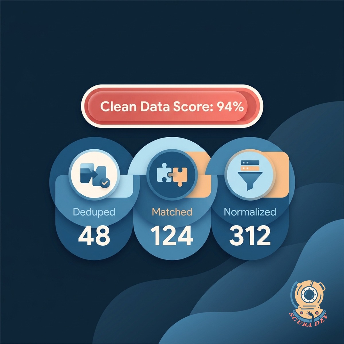 Hygiene dashboard with counters for deduplicated, matched, and normalized records and a clean data score pill