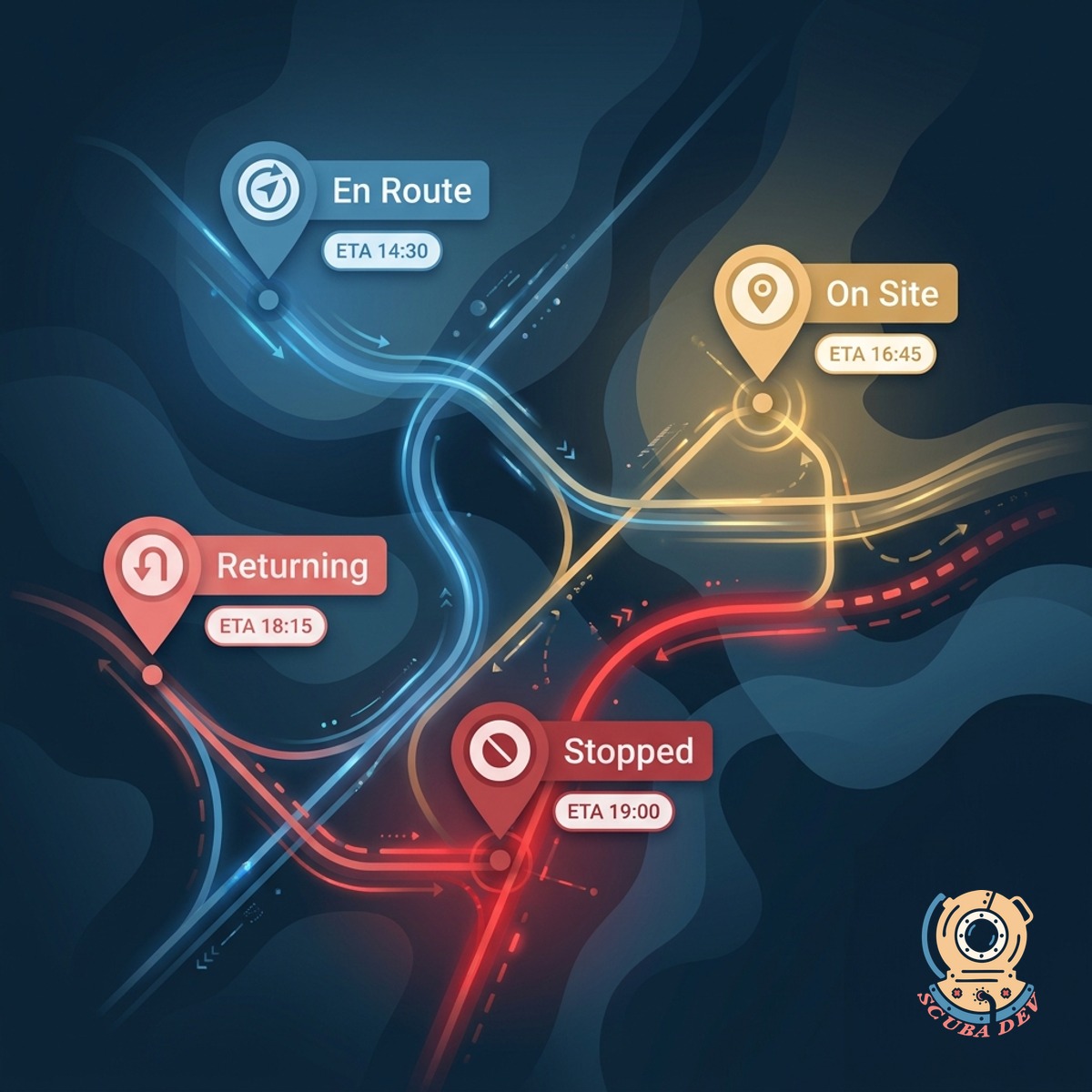 Map with colored crew pins showing location and status, each with a short label and an estimated time of arrival chip