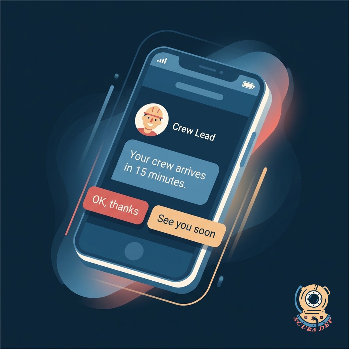 Customer SMS preview with a 15-minute heads-up message, a photo of the crew lead, and options to reply or reschedule
