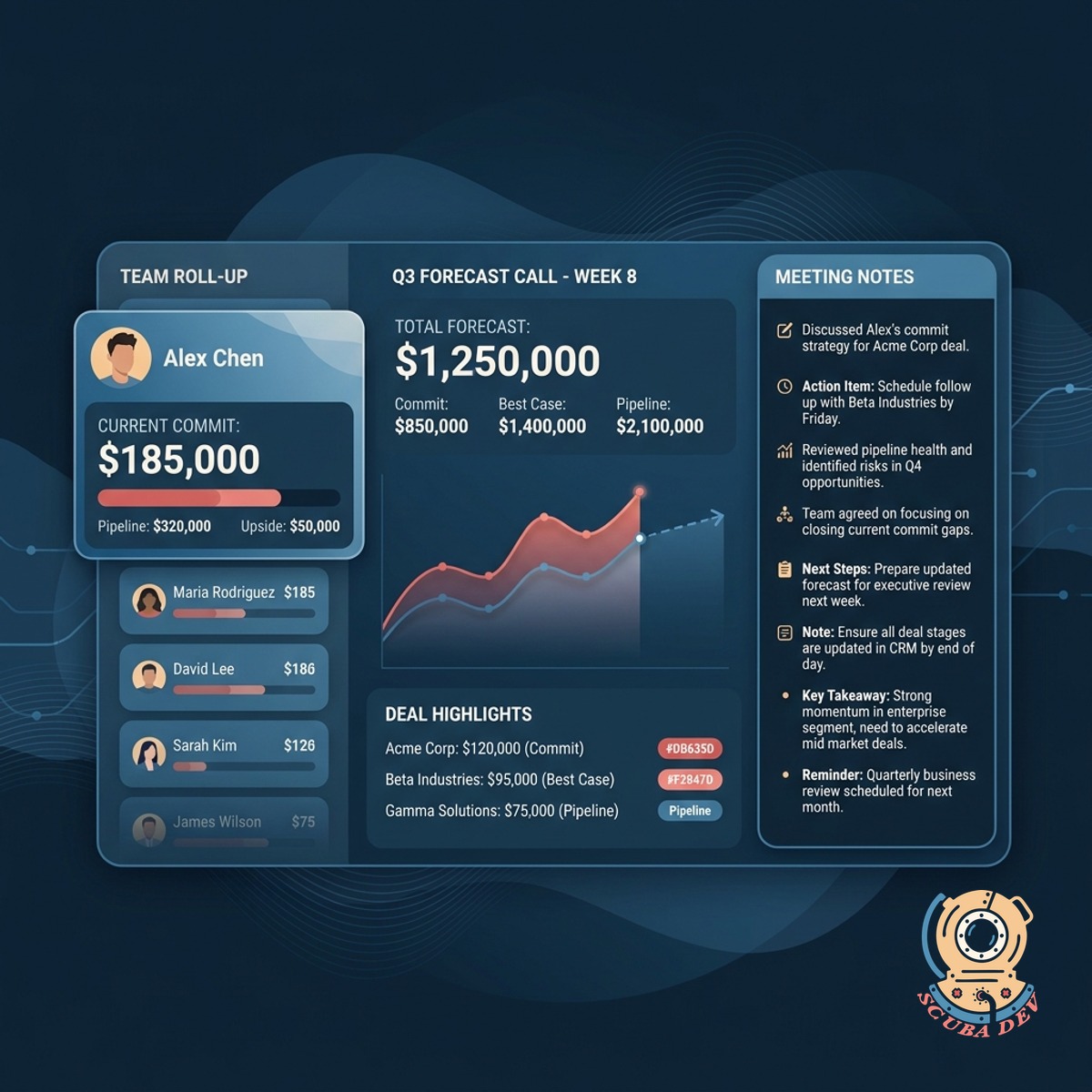 Live forecast call view with the team roll-up visible, one rep card highlighted, and a notes panel on the right