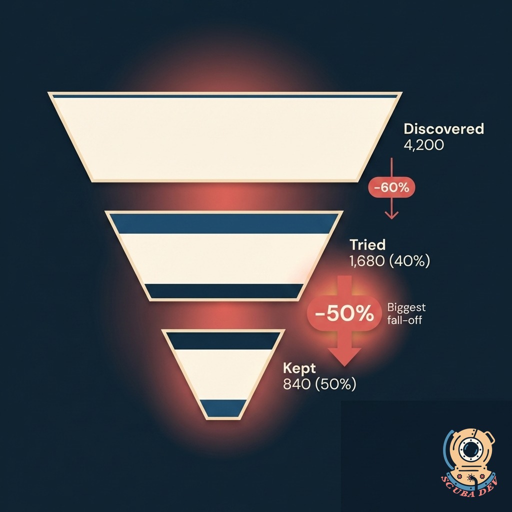 Three-stage funnel labeled Discovered, Tried, and Kept, with drop-off percentages between each stage and a coral highlight on the biggest fall-off