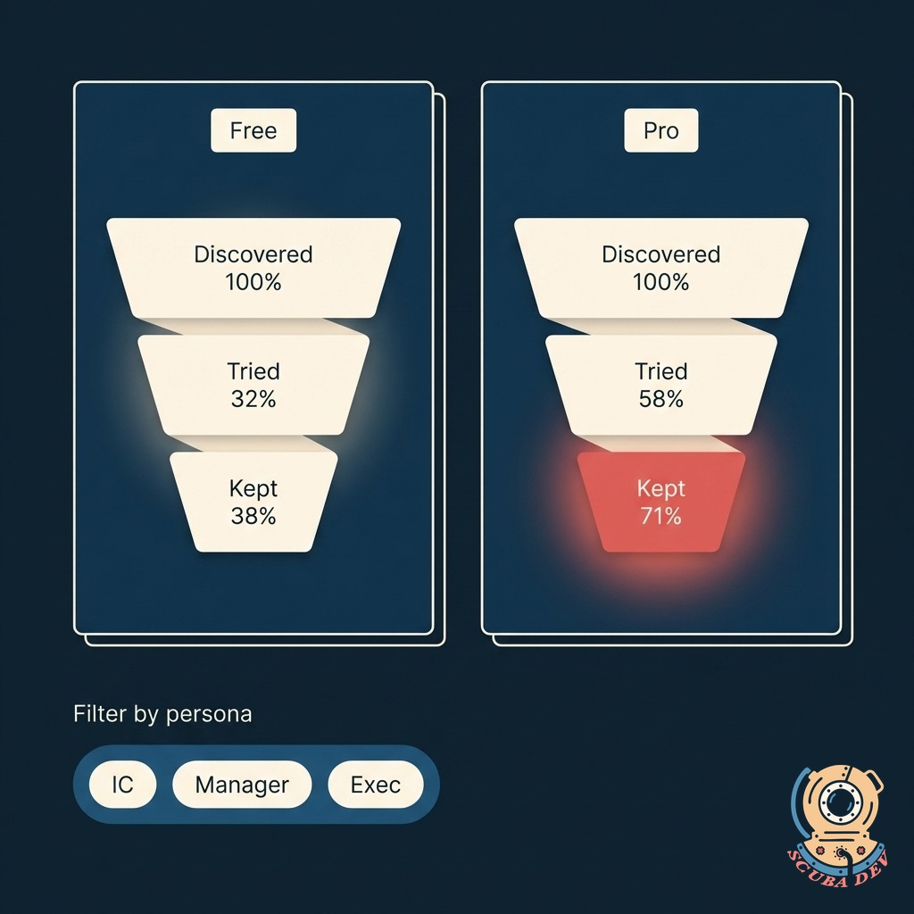 Side-by-side funnel comparison showing plan tiers and persona segments, each with their own discovered-tried-kept stages and drop-off percentages