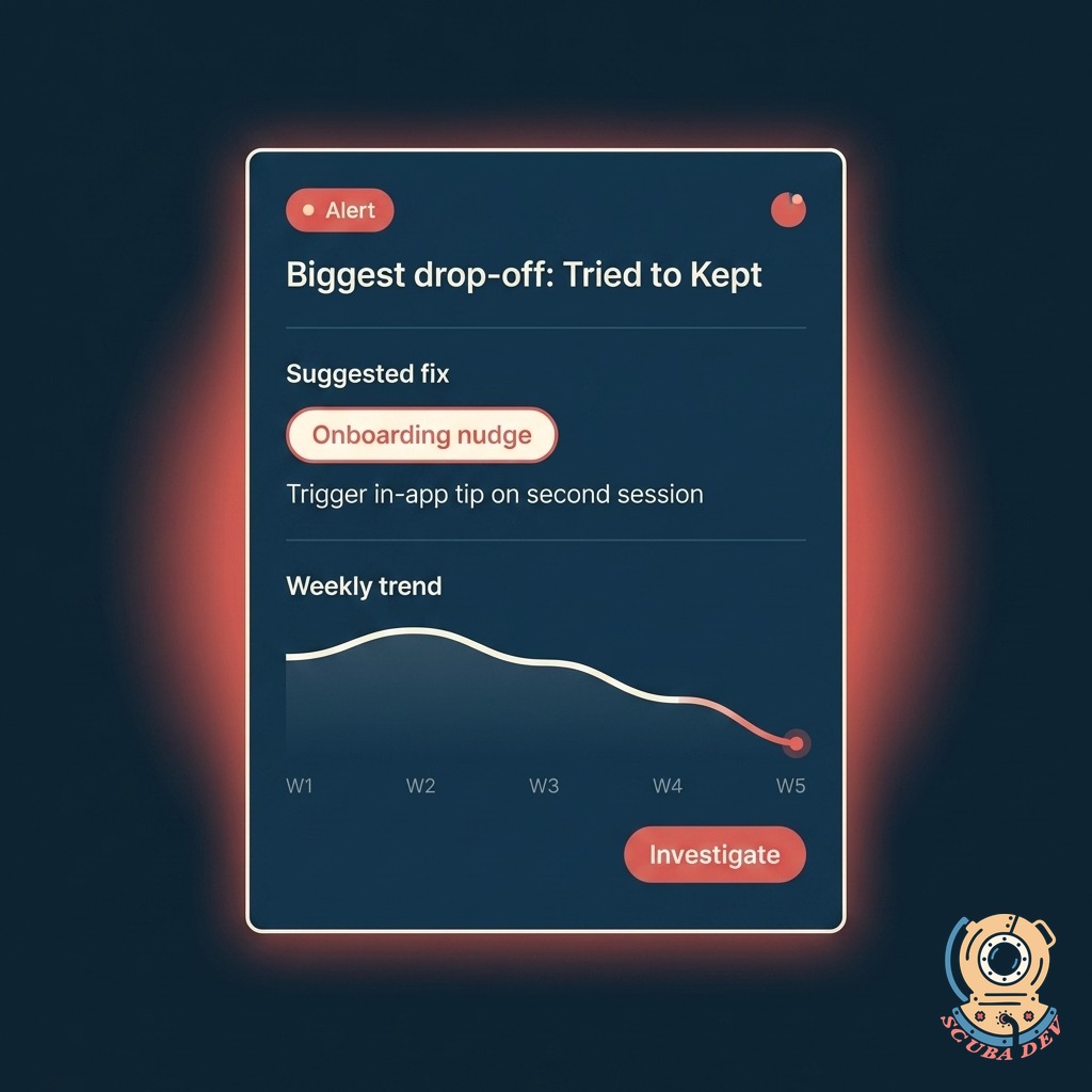 Alert card showing the biggest drop-off stage, a suggested fix area labeled Onboarding, and a weekly trend chart