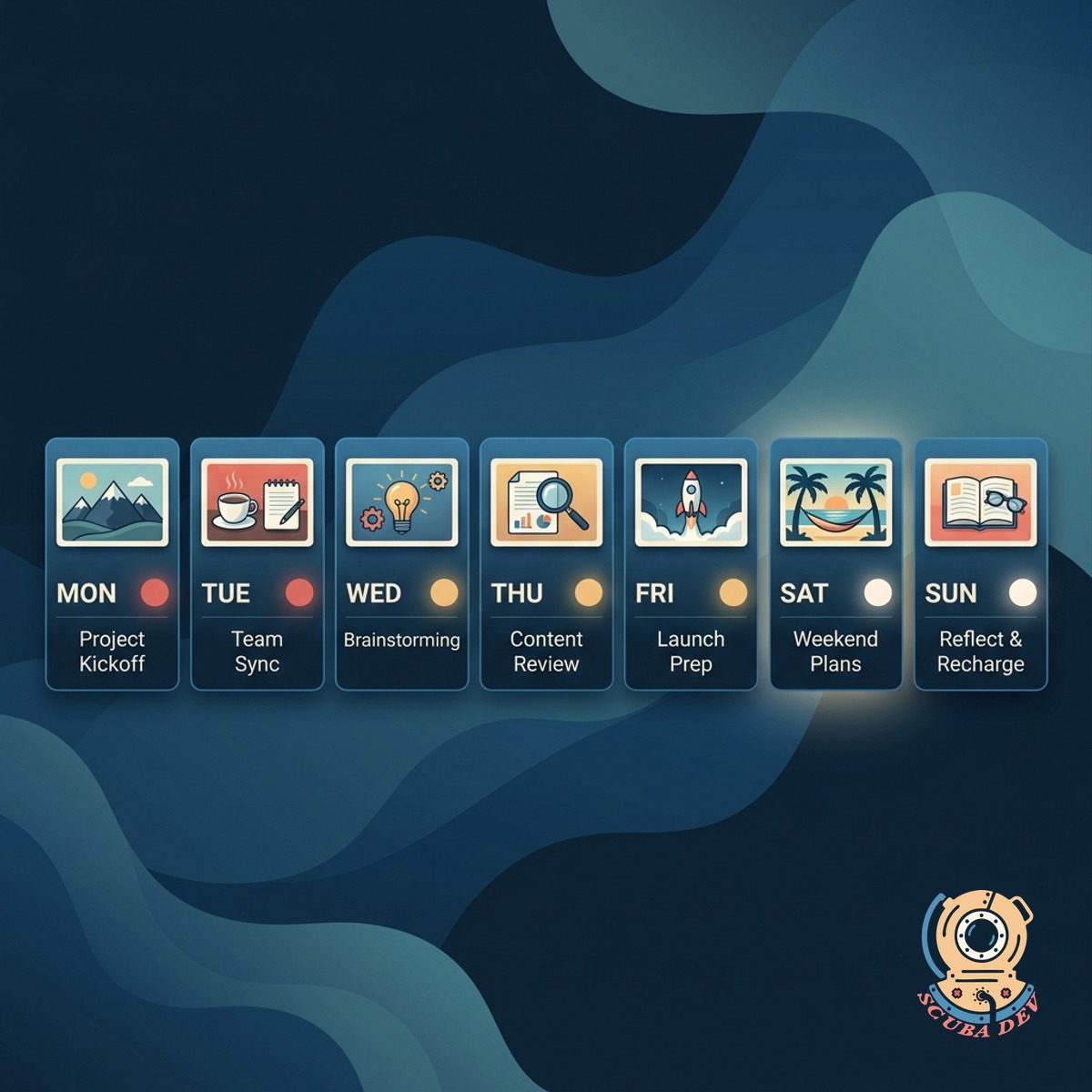 Source feed showing events, updates, and reviews flowing via coral arrows into a weekly post schedule
