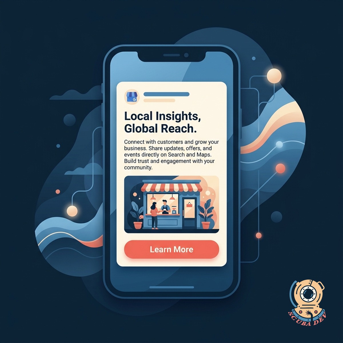 Draft post preview on a phone mockup with cream text, an inline image, and coral accent on the call-to-action