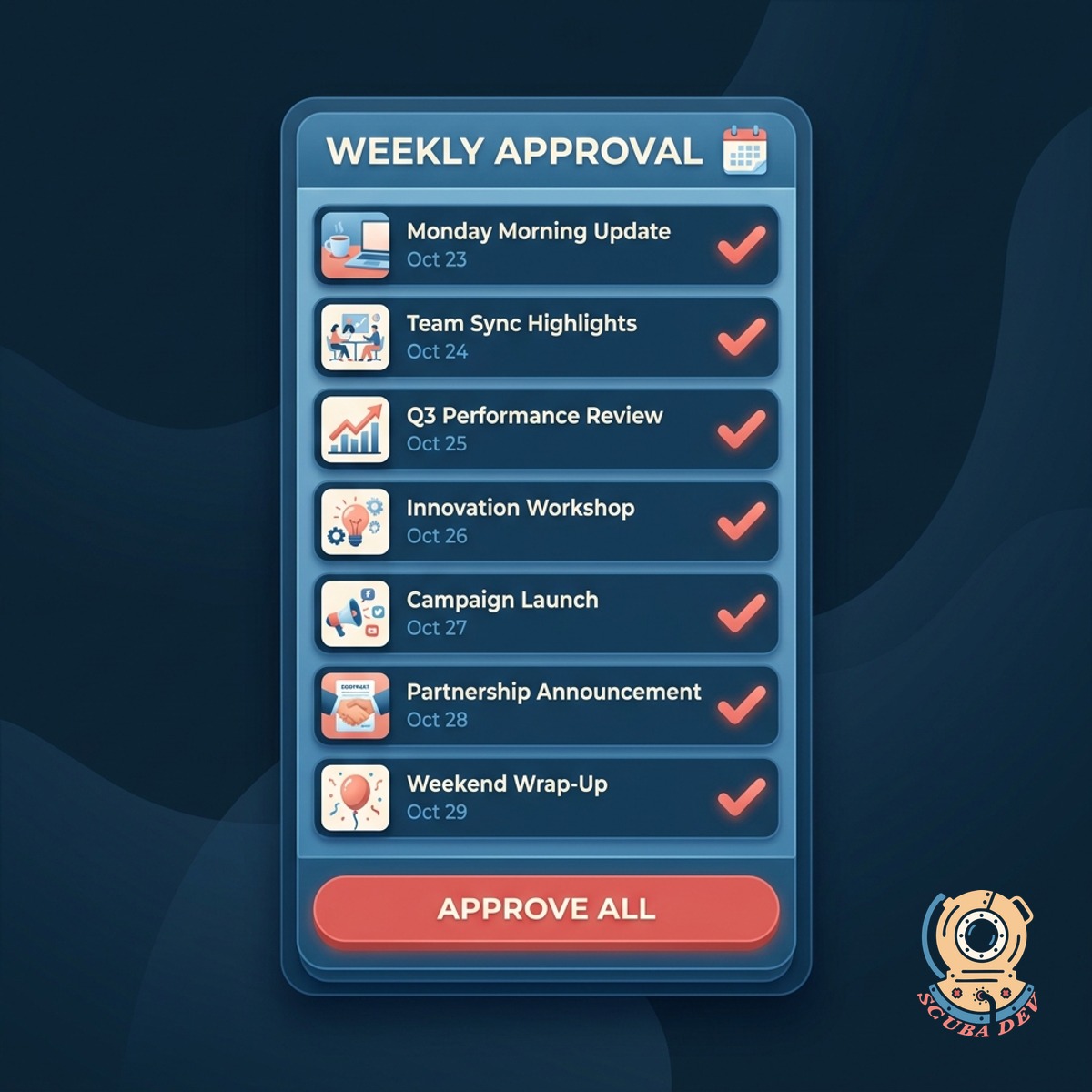 Weekly approval card with seven post previews stacked vertically and a single coral Approve All button at the bottom