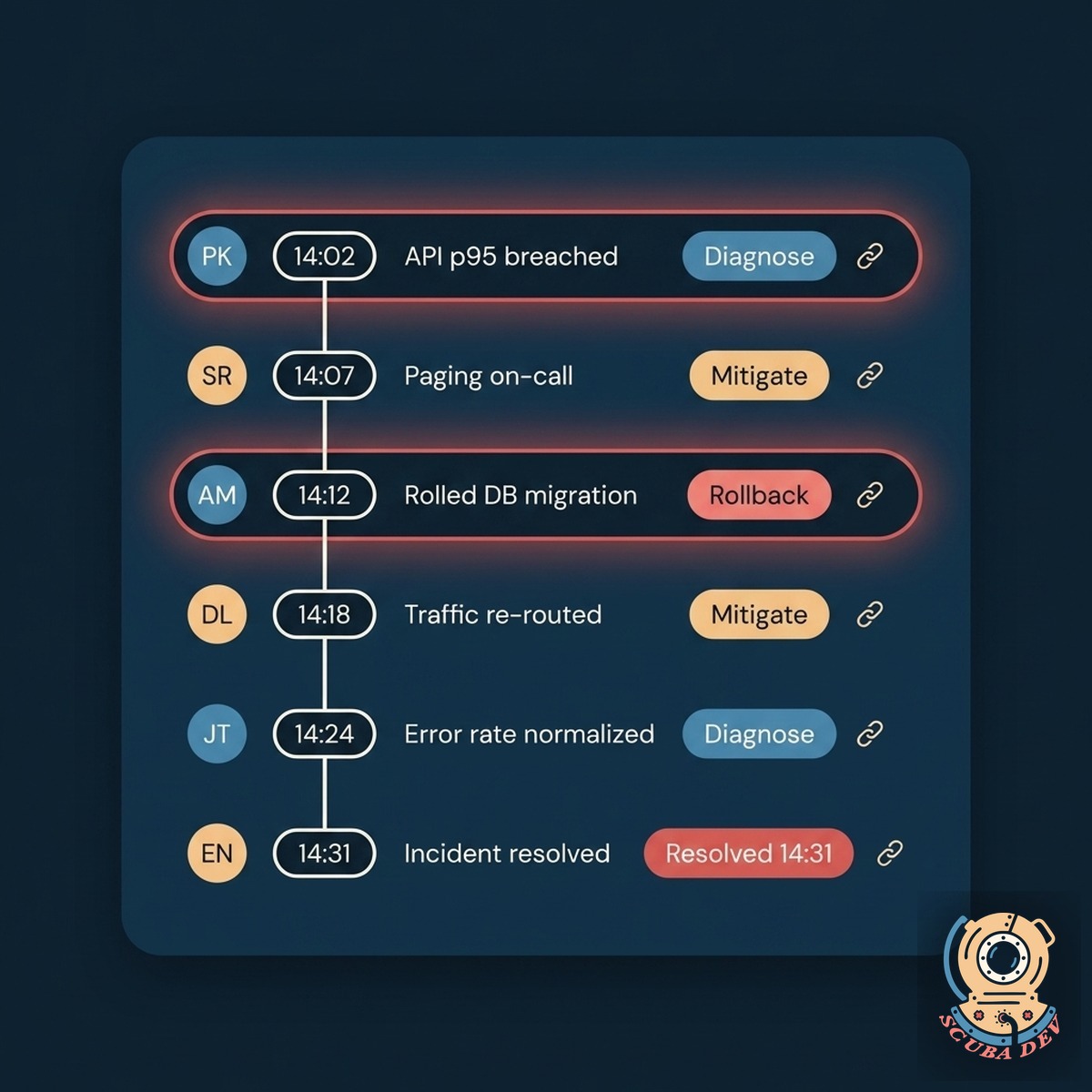 Timeline view with each event labeled with an owner avatar, an action category chip, and a link back to the source message or dashboard