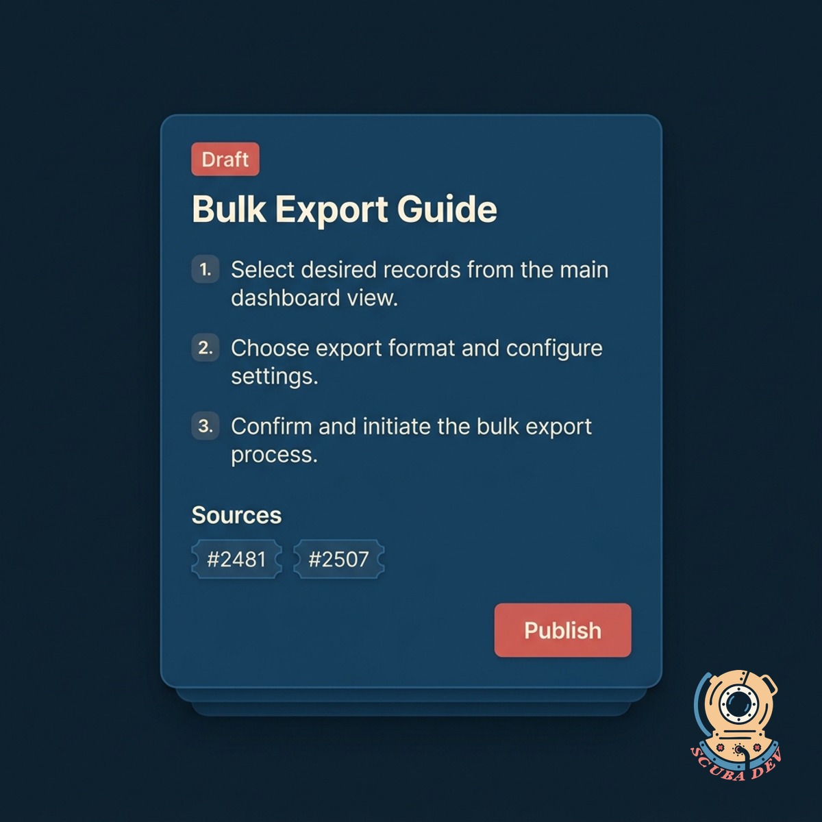 Draft knowledge base article card with title, step-by-step body, source ticket citations, and a coral Publish button