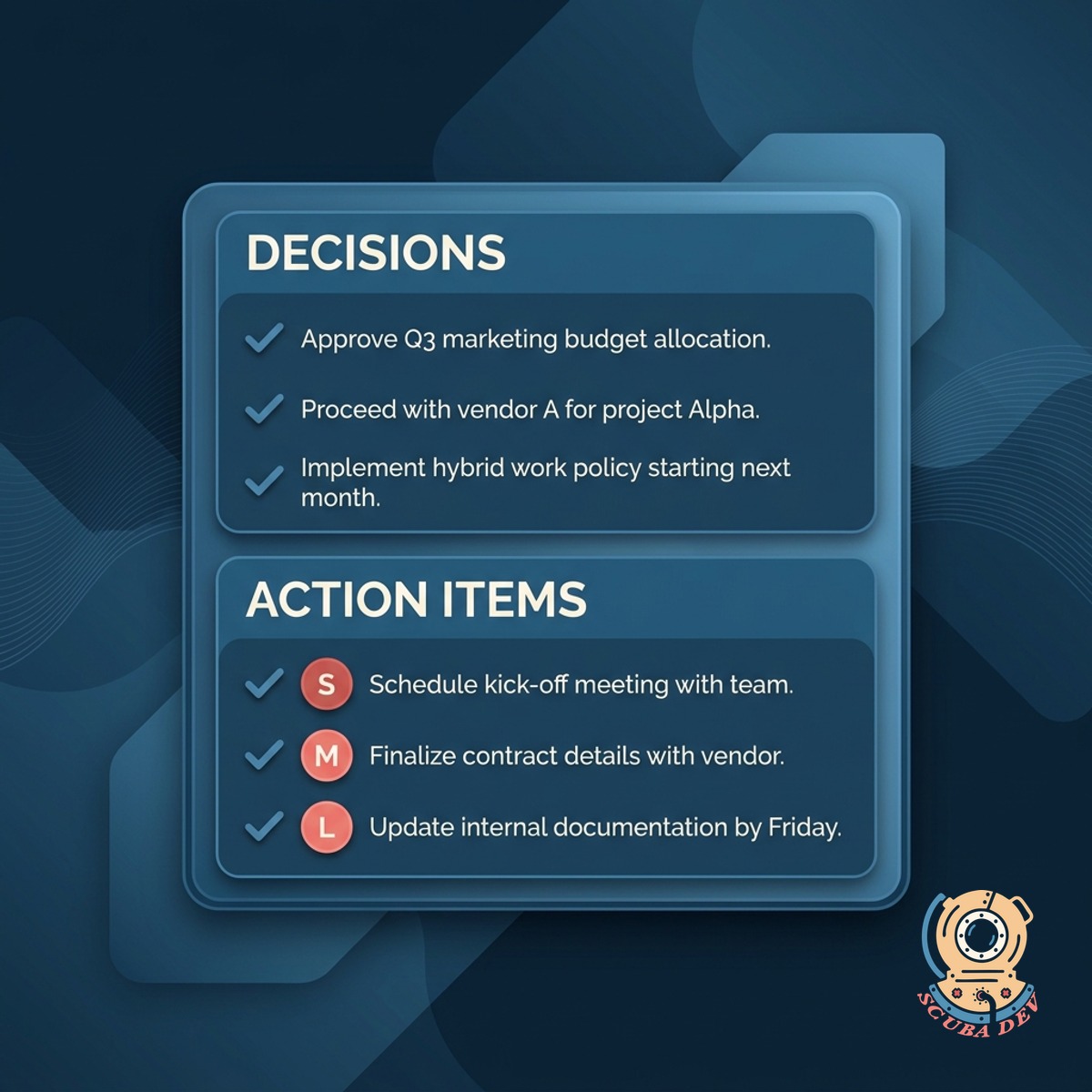 Extracted decisions and action items panel with owner avatars next to each item and a coral Publish button