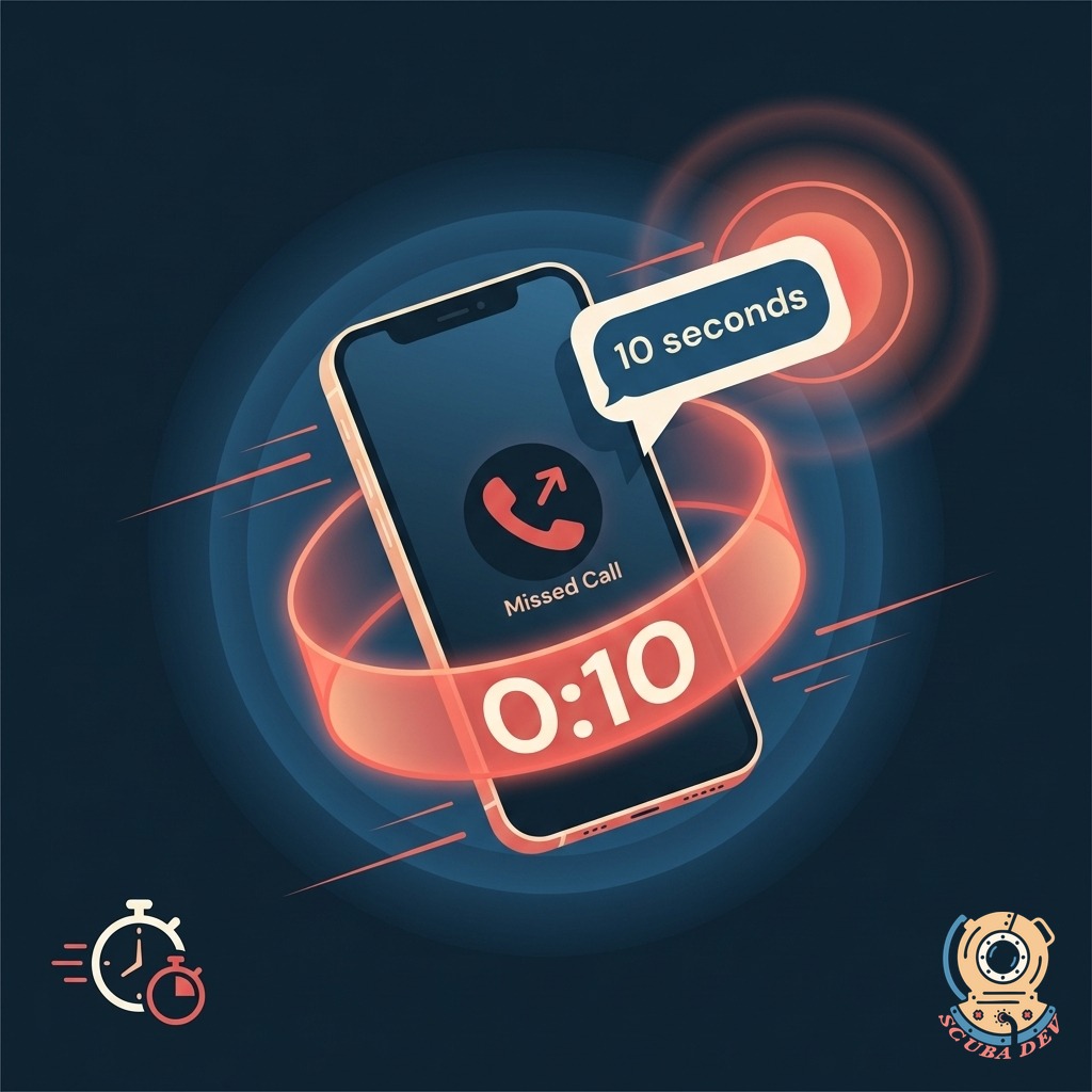 Phone showing a missed call with a coral 10-second countdown ring and an outgoing SMS bubble indicating a text response was sent in 10 seconds