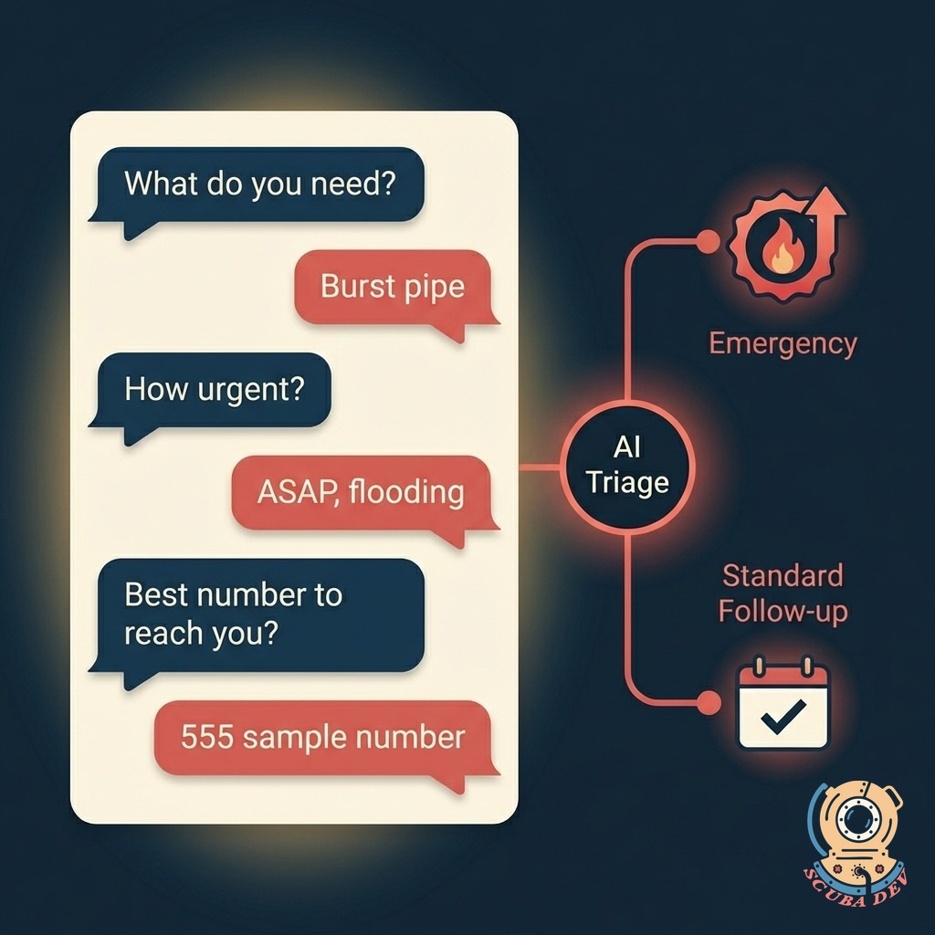 SMS conversation thread between an AI intake agent and a caller, covering what is needed, how urgent, and contact details, with a branching diagram routing the conversation to emergency or standard follow-up