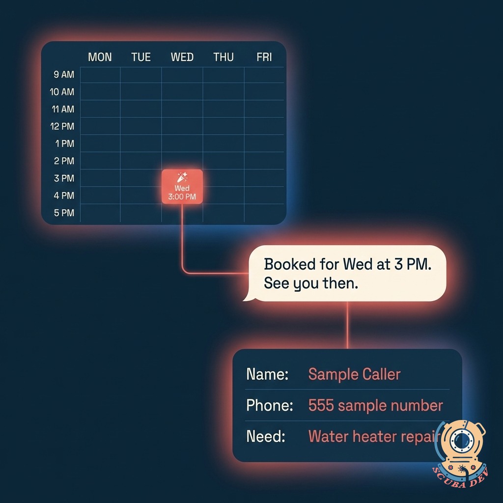 Mini calendar with a coral-highlighted booked slot, a confirmation SMS bubble saying the appointment is booked, and a lead card showing captured name, phone number, and stated need