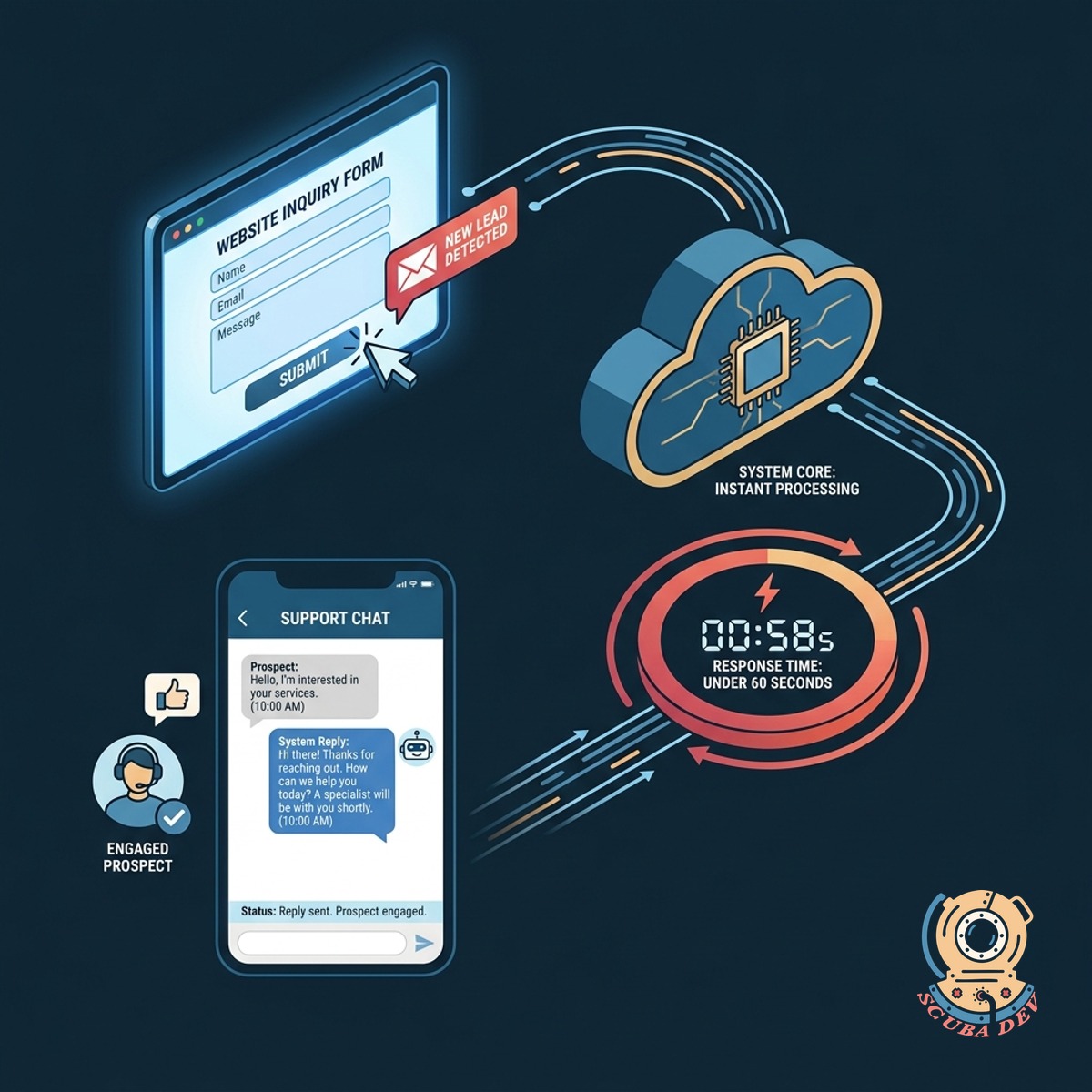 A split screen showing a customer submitting a contact form on a website and instantly receiving a text message reply on their smartphone.