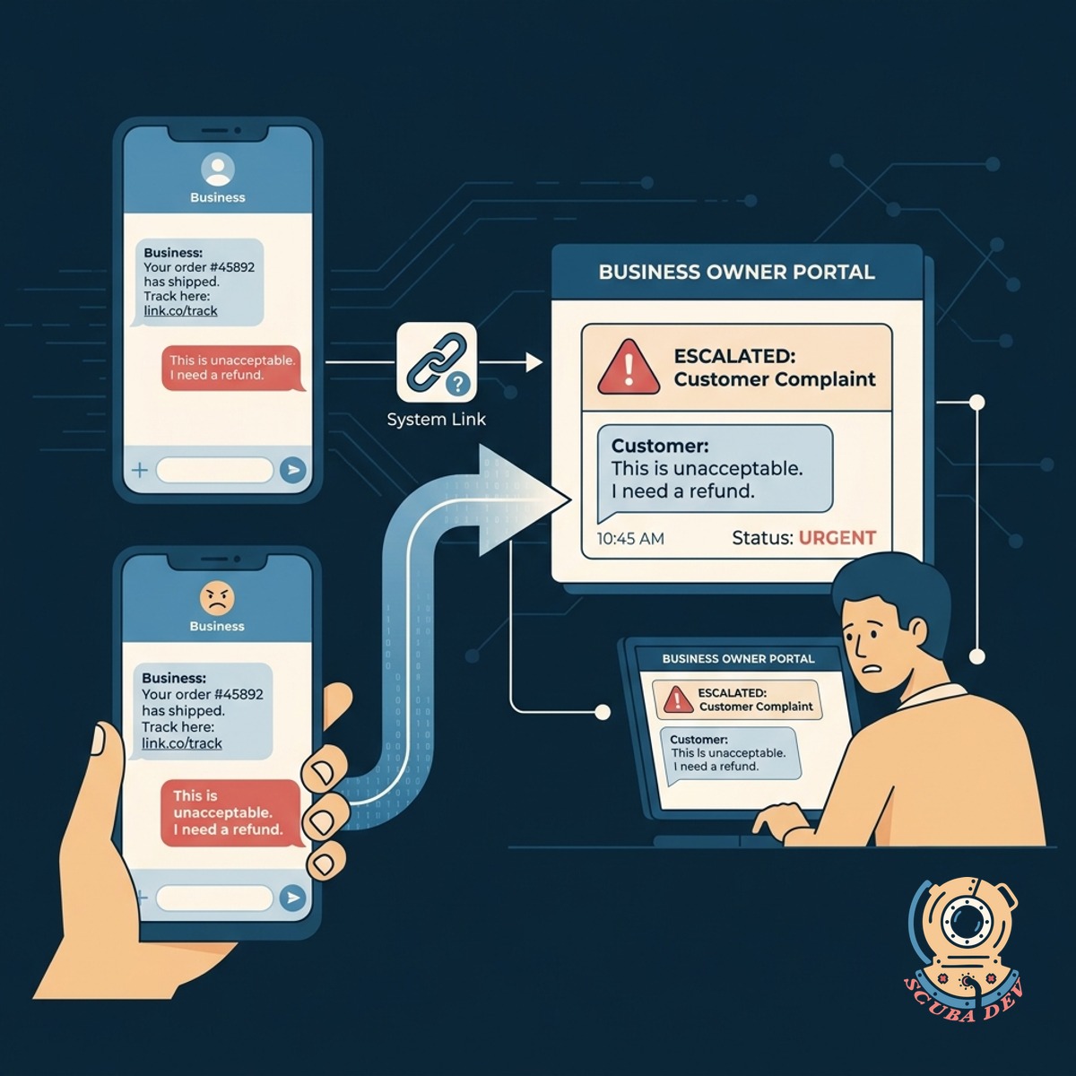 An alert notification on a manager phone showing an intercepted negative text message reply from a customer.