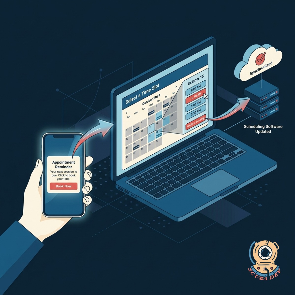 A scheduling interface where a customer selects an appointment time that immediately updates a connected business calendar.