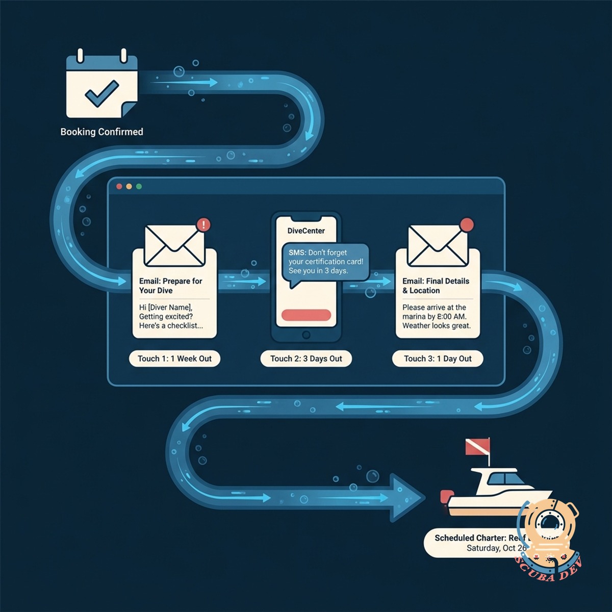 A timeline illustration showing three scheduled text messages sent to a patient leading up to their appointment.