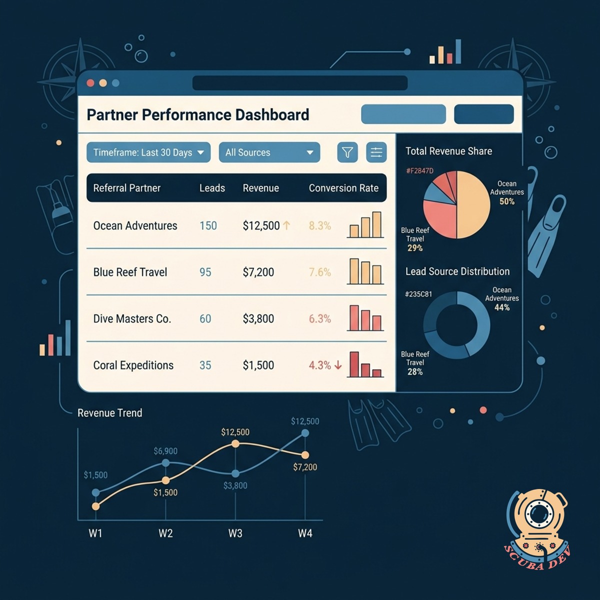 A bar chart comparing lead volume and revenue generated across different referral partners like local hotels and travel agencies.